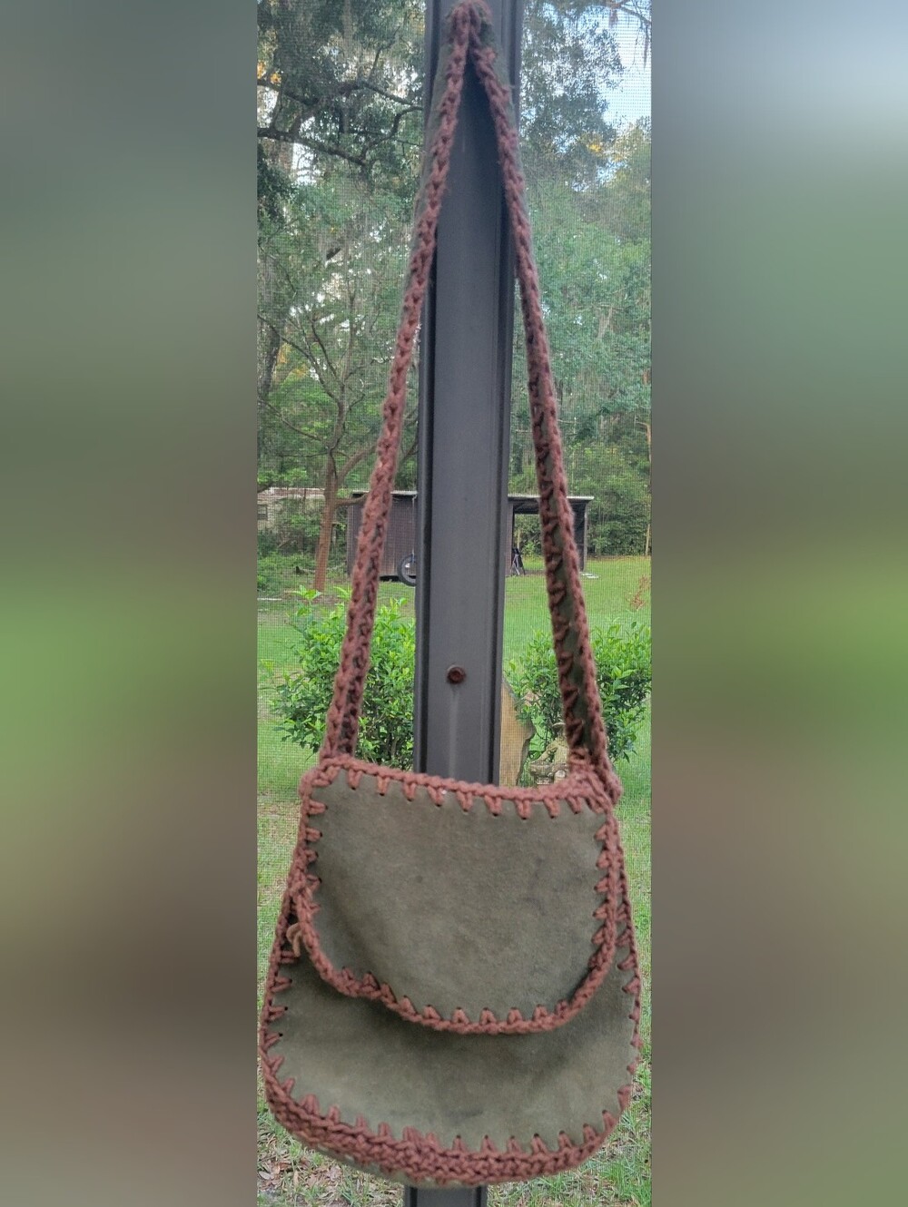 Vintage Mister Ernest Suede Crochet Shoulder Bag Olive Green Boho Made Hong Kong